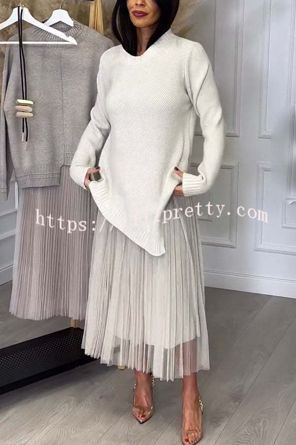 Jensine Ribbed Knit Long Sleeve Irregular Hem Loose Sweater