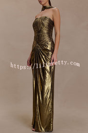Clemence Plisse Metallic Fabric Reverse Halter Beck Strap Drape Slit Maxi Dress