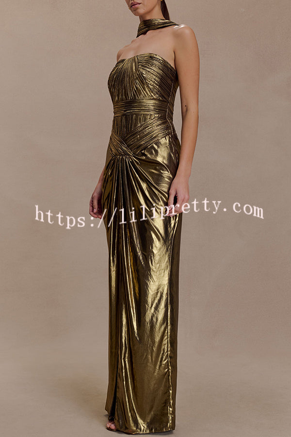 Clemence Plisse Metallic Fabric Reverse Halter Beck Strap Drape Slit Maxi Dress