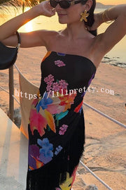 Lilipretty® Island Girl Era Floral Print Tassel Trim Bandeau Stretch Midi Dress