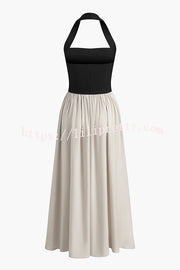Fashion Contrast Color Stitching Sleeveless Backless Slim Maxi Dress