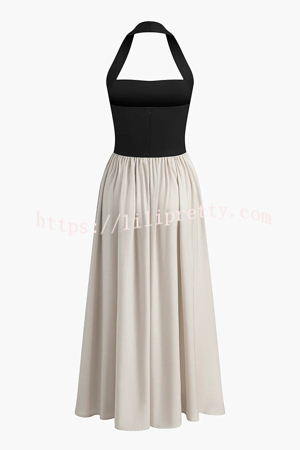 Fashion Contrast Color Stitching Sleeveless Backless Slim Maxi Dress