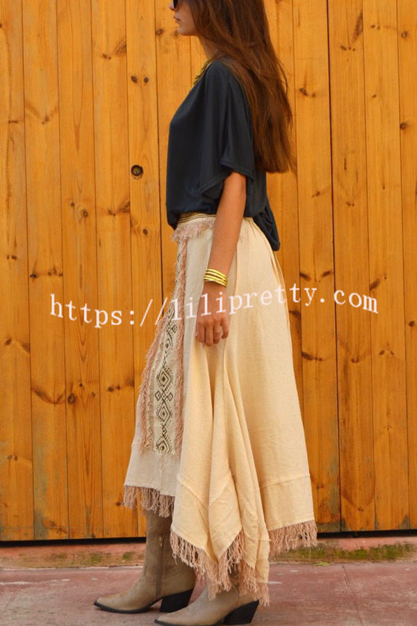 Beach Chic Linen Blend Ethnic Print Patchwork Tassel Elastic Waist A-line Skirt