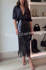 City Queen Sequin Tassel Round Pieces High Rise Back Zipper Midi Skirt
