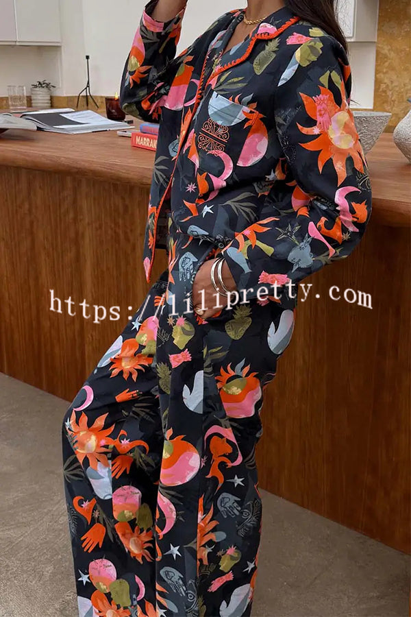 Evening Routine Unique Print Color-block Trim Loose Shirt and Elastic Waist Pocketed Pajama Set
