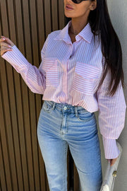 Stripe Print Lapel Long Sleeve Pocket Casual Shirt
