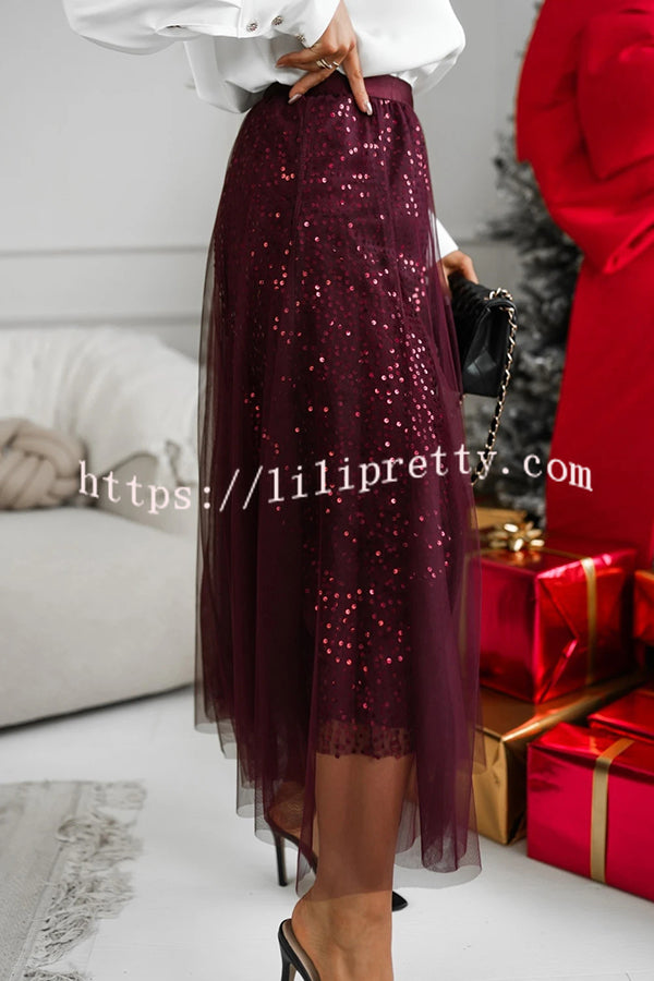 Party Daydream Sequin Tulle High Rise Elastic Waist Maxi Skirt