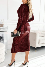 Coralia Sequin V-neck Long Sleeve Twist Waist Front Slit Midi Dress