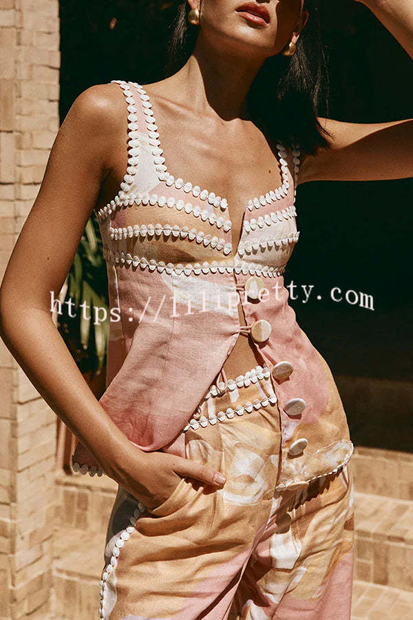 European Summer Linen Blend Ric Rac Trims Unique Print Button Tank