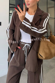 Levvie Striped Trim Long Sleeve Lapel Blazer and Rope Belt Pocketed Wide Leg Pants Set