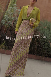 Moonlit Waltz Knit Jacquard Zigzag Print High Rise Stretch Flare Maxi Skirt
