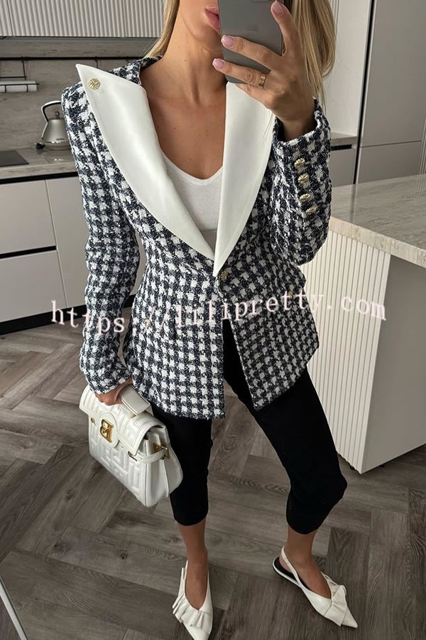 Sensibly Chic Houndstooth Tweed Fabric Long Sleeve Lapel Blazer