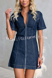 Street Chic Denim Shirt Neck Front Zip-up Stretch Mini Dress