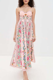 Linen Blend Delicate Forest Unique Print Sweetheart Neck Beaded Straps Maxi Dress