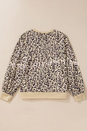 Leopard Print Crew Neck Patchwork Long sleeve Casual Loose Sweatshirt