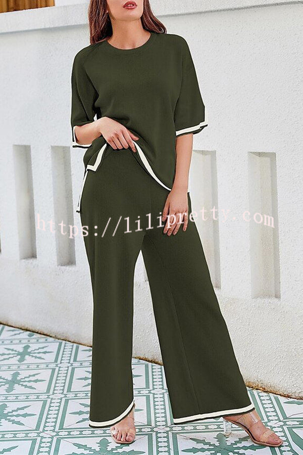 Lilipretty Lounge or Casual Wear Knit Patchwork Color Block Short Sleeve Top and Elastic Wide Leg Pants