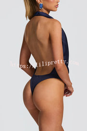 Lara Satin Halter Cowl Neck Bodysuit and Mid-rise Embellished Waistband Layered Hem Skort Set