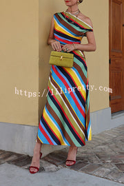 Sunkissed Satin Colourful Stripe Print One Shoulder Midi Dress