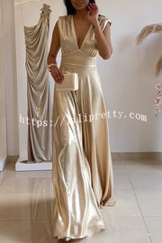 Roisin Metallic Fabric Ruched Shoulder V-neck Wide Leg Drape Jumpsuit