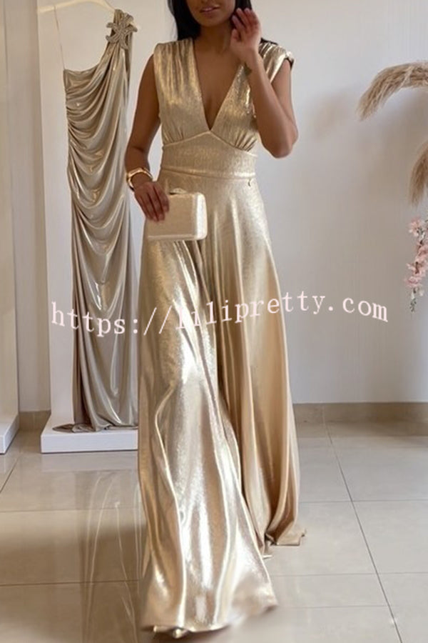 Roisin Metallic Fabric Ruched Shoulder V-neck Wide Leg Drape Jumpsuit