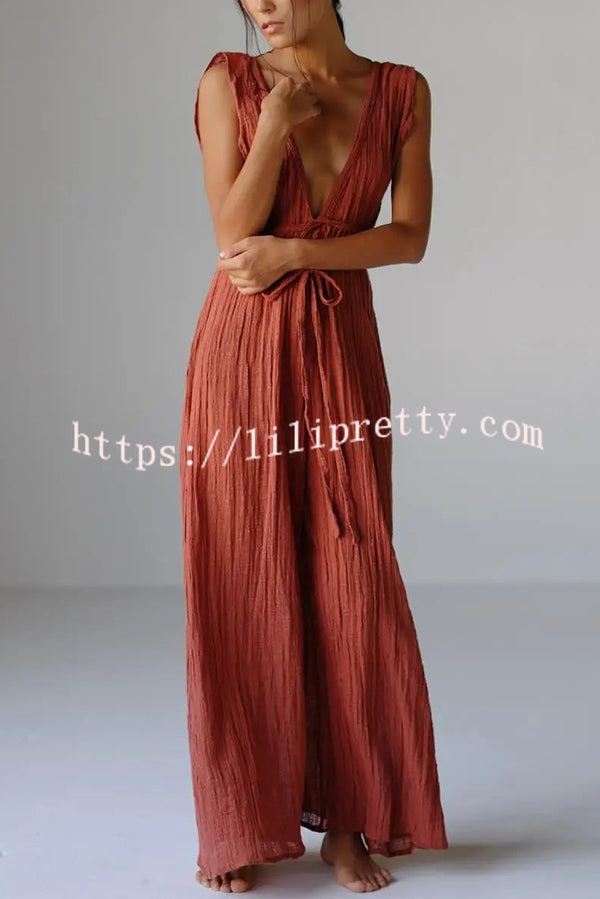 Resort Style V-neck Tie Pleated Casual Jumpsuit