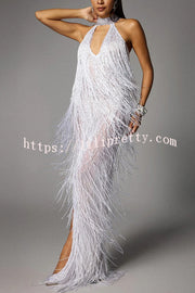 Glimmer Hour Shiny Layered Tassels Halter Cutout Neck Split Maxi Dress