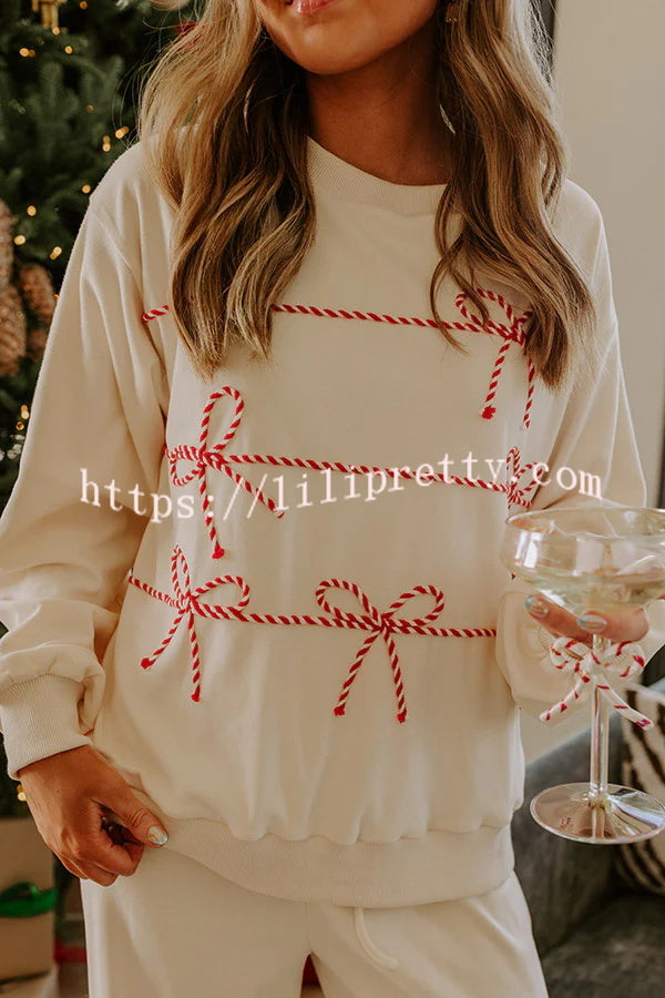 Candy Cane Cutie Loose Bow Tie Long-Sleeved Sweatshirt and Elastic Waist Pocket Pants Set