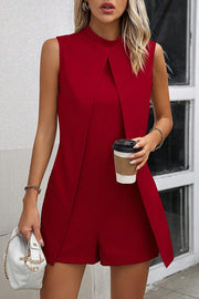 Solid Color Stand Collar Sleeveless Fake Two-piece Casual Rompers