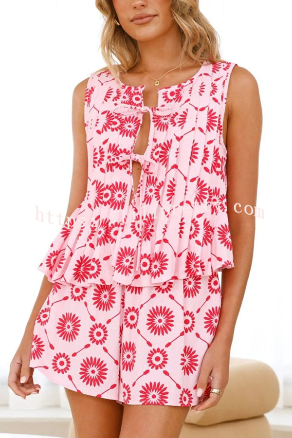 Unique Print Pleated Sleeveless Lace-Up Tank Top and Elastic Waist Loose Shorts Set