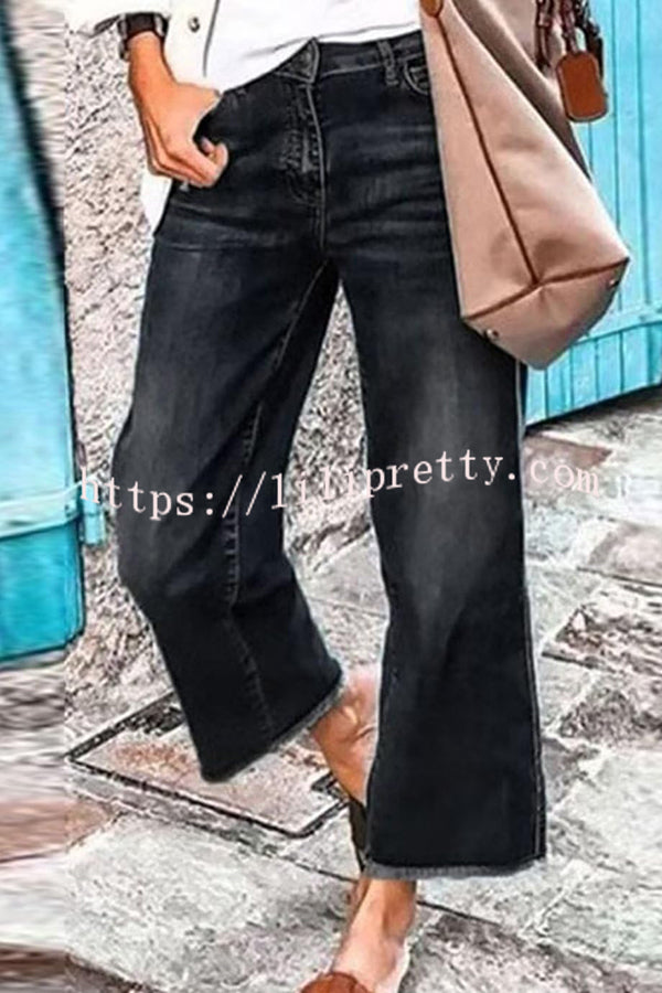 Stylish Raw-edge Mid-rise Pocket Stretch Straight-leg Jeans