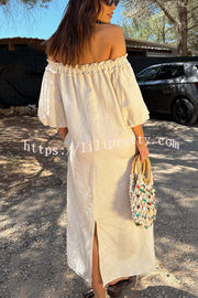 Sunveil Linen Blend Unique Print Puff Sleeve Pocket Strapless Maxi Dress