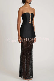 Nerissa Satin cutout metal ball Patchwork sequin hem strapless maxi dress