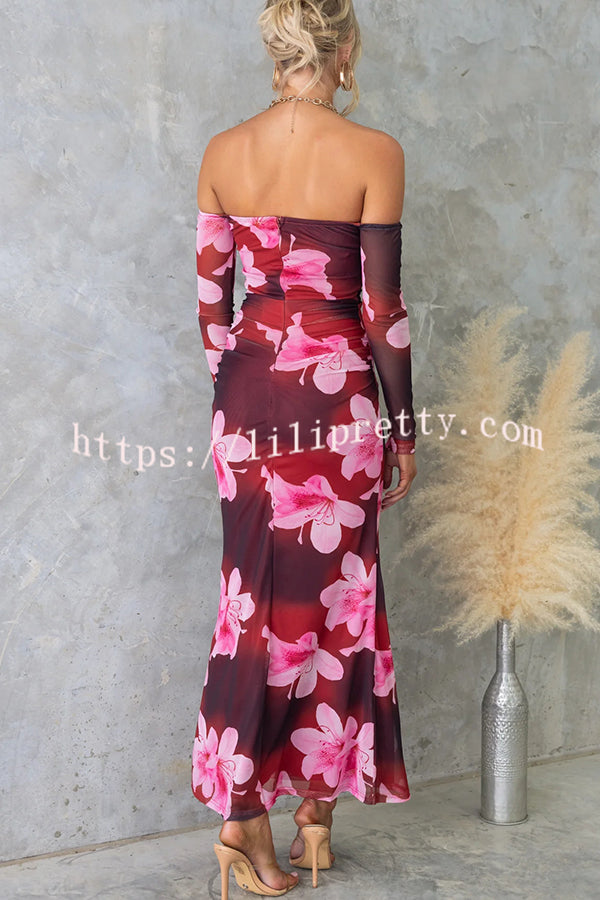 Floral Fantasy Mesh Off Shoulder Long Sleeve Stretch Maxi Dress