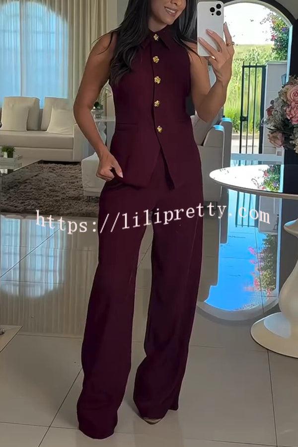 Fashion Lapel Sleeveless Button Vest and Casual Straight-leg Suit Pants Set