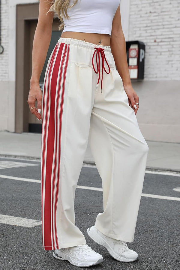 Side Stripe Print Elastic Waist Pocket Casual Straight-leg Pants