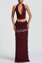 Myra Floral Burnout Jersey Fabric Halter Crop Tank and Ruched Maxi Skirt Set