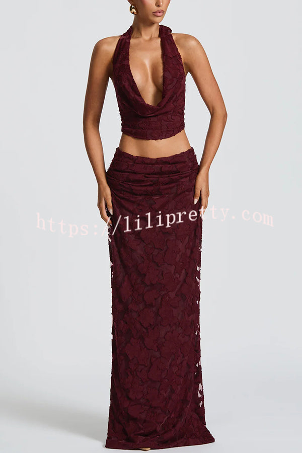 Myra Floral Burnout Jersey Fabric Halter Crop Tank and Ruched Maxi Skirt Set