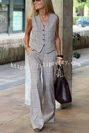 Office Chic Plaid Button Up Vest and Elastic Waist Pocketed Wide Leg Pants Set