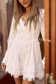 Diaz Embroidery Hollow Fabric Delicate Flower Trim Long Sleeve Side Lace-up Mini Dress