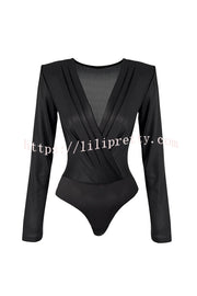 Chic Celebration Glossy Fabric Pleated V-neck Long Sleeve Stretch Bodysuit