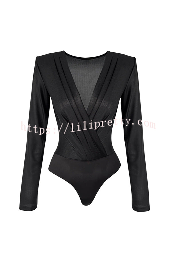 Chic Celebration Glossy Fabric Pleated V-neck Long Sleeve Stretch Bodysuit