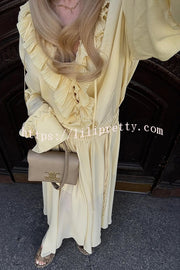 Solid Color Pleated Ruffled Tie Long Sleeve Loose Shirt