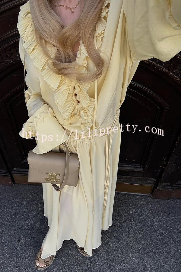 Solid Color Pleated Ruffled Tie Long Sleeve Loose Shirt