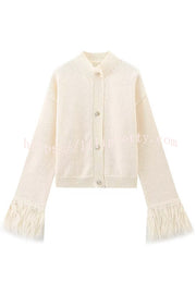 Solid Color Elegant Feather Long Sleeve Casual Knitted Cardigan
