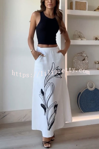 Julia Linen Blend High Waist Contrast Embroidered Pocket Skirt