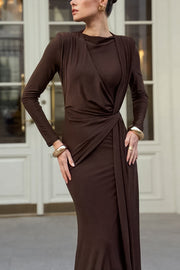 Solid Color Knit Long-sleeved Knotted Slim-fit Maxi Dress