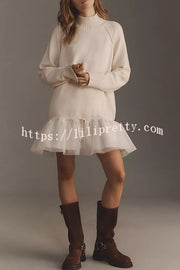 Holiday Cutie Knit Long Sleeve Turtleneck Tulle Twofer Mini Dress