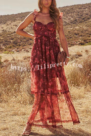 Romantic and Elegant Mesh Floral Back Smocked Tiered Ruffle Maxi Dress