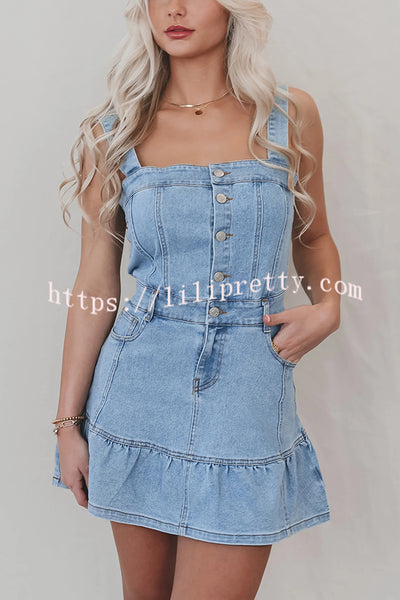 Solid Square Neck Suspender Button Pocket Denim Mini Dress