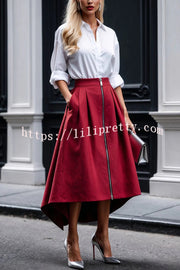 Effortless Charm Front Zipper Detail Pocketed High Low Pleated Midi Skirt